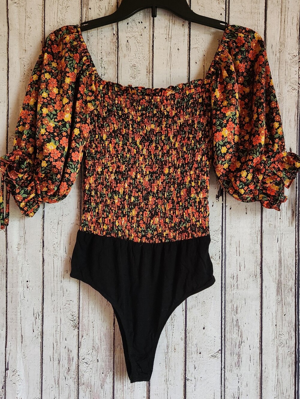 Olivaceous Smocked Floral Puff Sleeve Bodysuit S